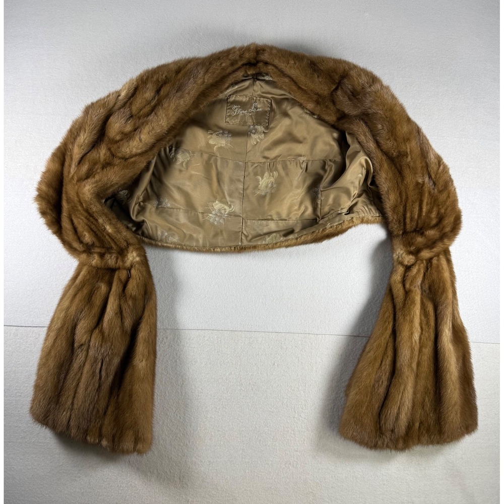 Vintage Flora Lee Mink Fur Stole Wrap Brown Mahogany Satin Lined Mid-Century